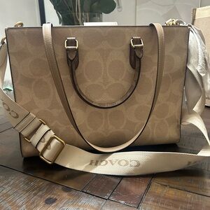 Coach Maggie Tan Signature Tote Bag with coach scarf and crossbody strap!